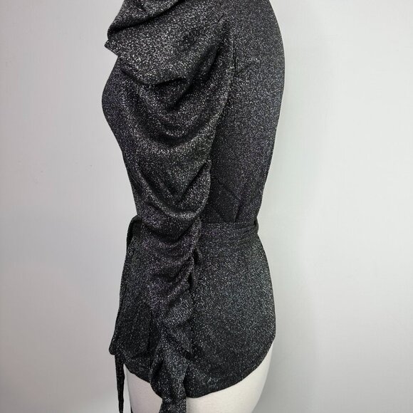 Walter Baker Marwin True Wrap Top Black Silver Sparkle Size Small Ruched Sleeve - Picture 8 of 13